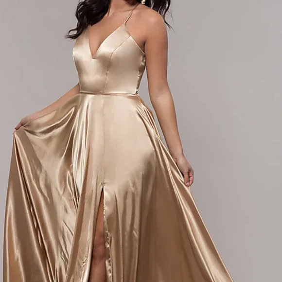 Faviana Gold Satin Charmeuse A-line Gown - Picture 1 of 6
